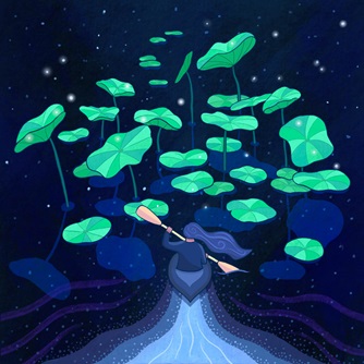 in a background of blues, a person with long streaming hair paddles a kayak through large green lily pads and stars leaving a wake