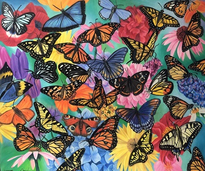 this is a pattern of brightly colored flowers that appear underneath a layer of many brightly colored butterflies