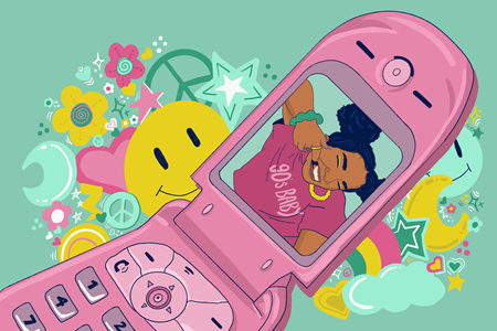 Against a sea green background with smiling faces, flowers, rainbows and the peace sign, sits a pink flip phone with the image of a brown skinned person with pigtails and gold hoop earrings in a shirt that says 90's baby