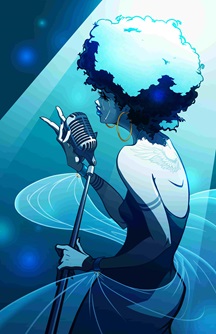 In blues tones, this image shows a singer with an afro and gold hoops caressing a microphone as she performs bathed in white light?