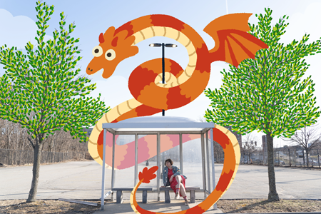 a person in a red dress and jean jacket sits, leg crossed at a bus stop in this photograph with digitally edited trees and an orange and red dragon atop the bus stop
