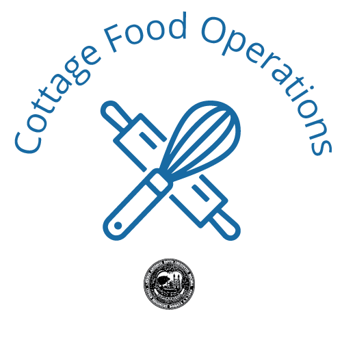 blue drawing of whisk and rolling pin with the words cottage food operations and the city seal below