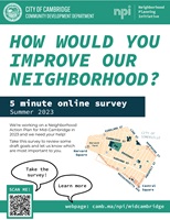A flyer promoting the Neighborhood Goals survey for Mid-Cambridge.