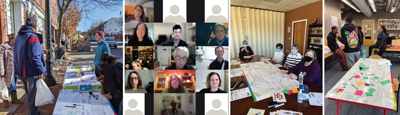 A series of photos showing pop-ups, a virtual meeting, and two focus groups.