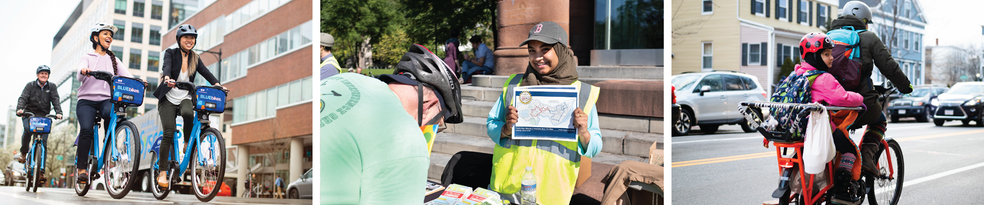 Three photos:  three people leisurely biking in Cambridge; an adult biking with a child on in a child seat; a young woman holding up a map as another person who is wearing a bike helmet leans over a table