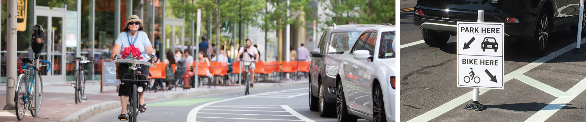 Two images: A person biking in a buffered bike lane, a sign showing where the parking lane is versus where the bike lane is.