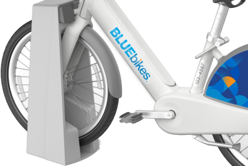 Rendering of a docked Bluebikes ebike