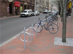 Bicycle parking: post-and-rings on Dunster Street in Harvard Square