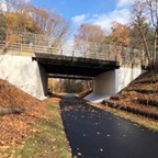 Photograph with a separated bicycle and pedestrian path passing underneath a road bridge through a forested area