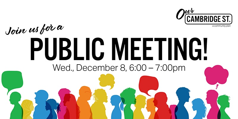 Text reads: "Join us for a public meeting! Wednesday, December 8, 6-7PM" colorful silhouettes line bottom with speech bubbles