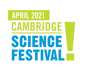green and blue version of the Cambridge Science Festival logo - words with an exclamation point