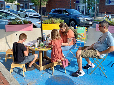 Family using public patio