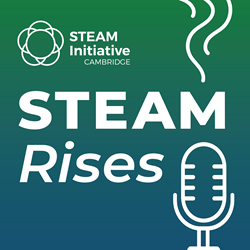 STEAM Rises podcast cover art. Microphone with STEAM rising off