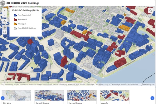 Screenshot of the 3D web scene showing building colored by reporting category