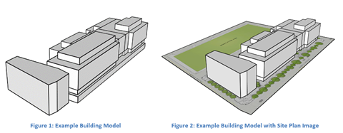 Figure 1: Example Building Model and Figure 2: Example Model with Site Plan