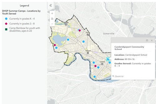 Screenshot of map showing summer camp locations around cambridge