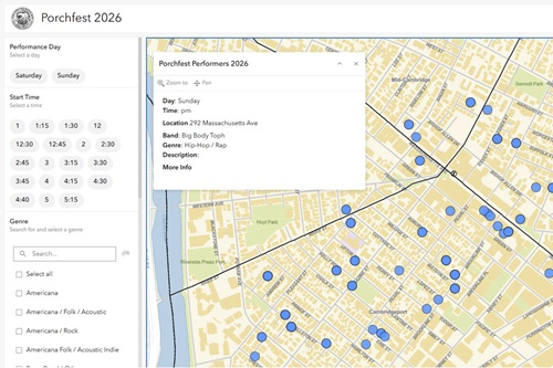 Screenshot of the Porchfest map showing performer locations, times, and more details.