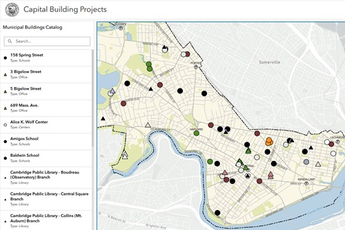Screenshot of the Municipal Buildings Catalog showing different types of buildings across Cambridge