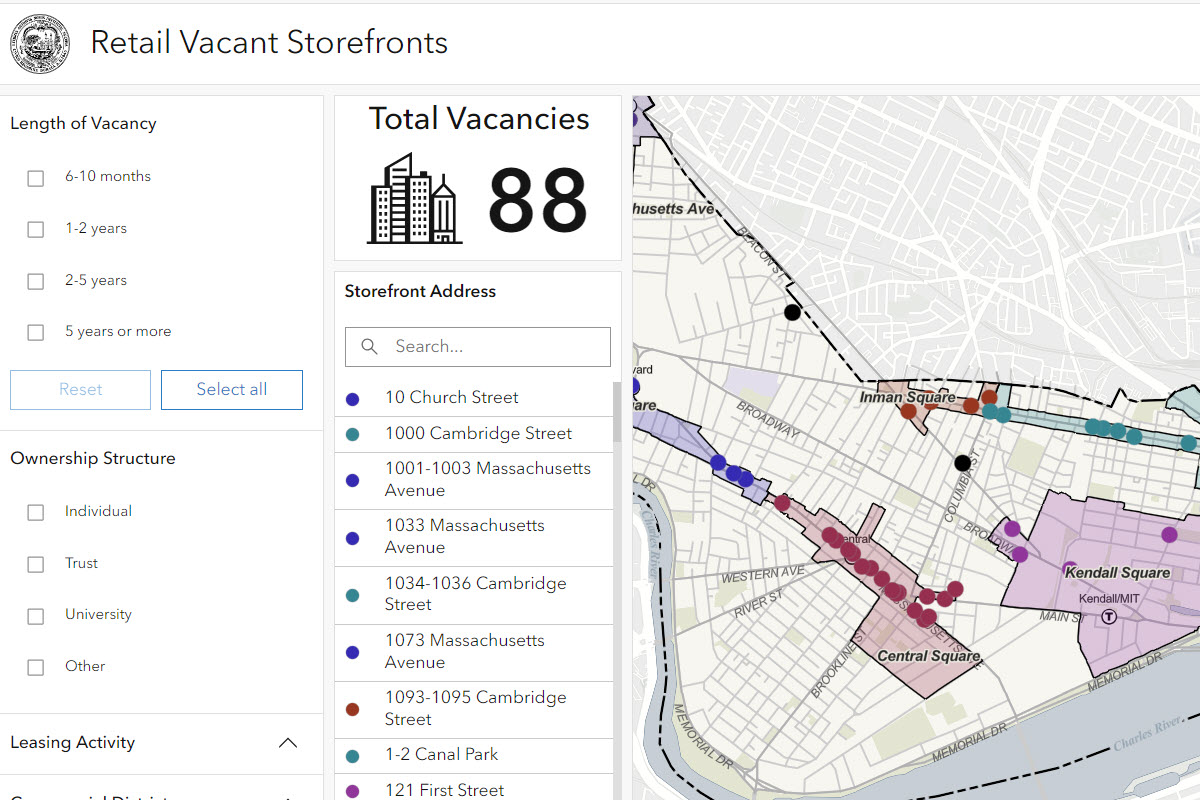 Vacant Storefront Database Map showing various filters and colored polygons for the underlying commercial districts
