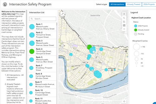 Screenshot of the Intersection Safety Program Dashboard showing intersections and their ranking