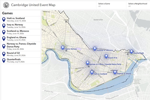 Screenshot of the World Cup Viewing Event Locations showing the games, dates, locations.