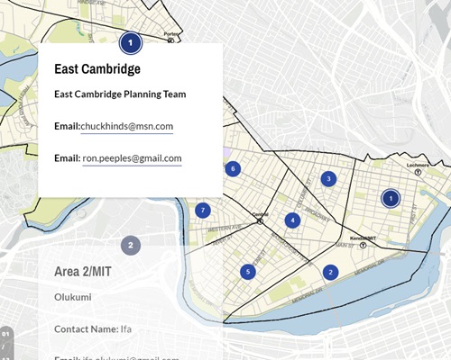 Screenshot of story map showing Cambridge neighborhoods and contact details for organizations