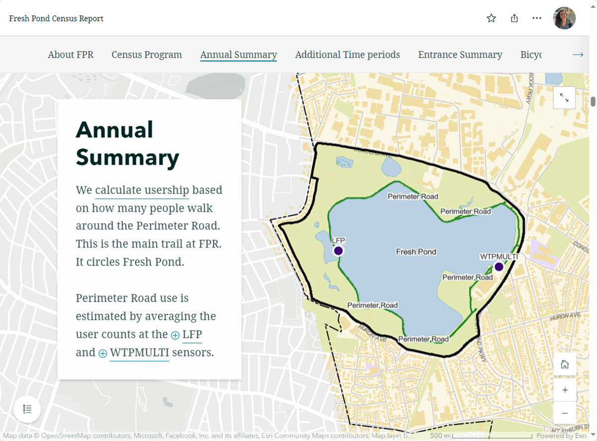 Screenshot of story map showing annual report details for Fresh Pond