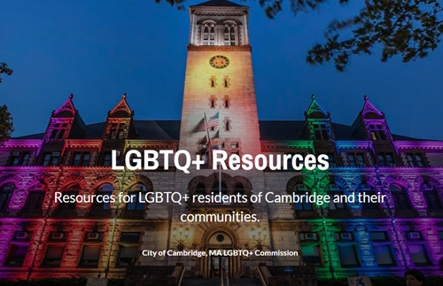 LGBTQ Resources Story Map Cover Page with Cambridge City Hall lit up in Rainbow lights