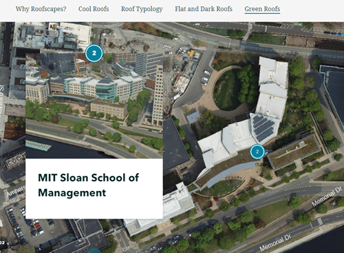 Roofscapes story map screenshot showing an example of a green roof garden on top of a building.