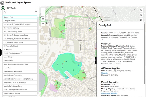 Screenshot of the Park interactive map that shows a list of parks and park details
