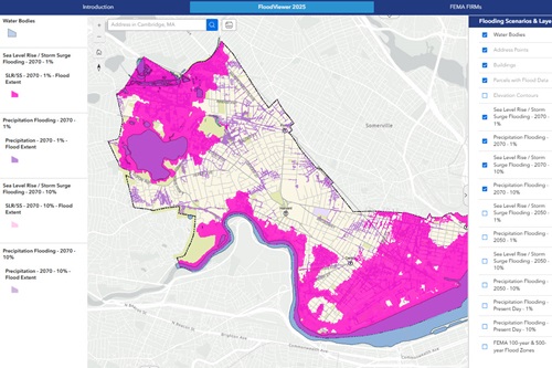 Screenshot of the 2025 FloodViewer map showing floodplains and affected parcels.