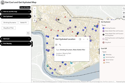 Screenshot of the Get Cool Get Hydrated Interactive map showing side panel with filters, a map with various points for the drinking fountains and cool off locations.