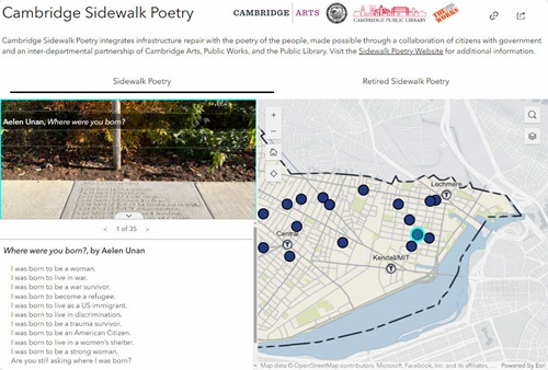 Screenshot of Sidewalk Poetry Interactive Map showing an example image and poem