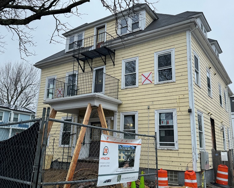 A single-room building under construction to become 12 enhanced affordable apartment units, located at 35 Harvey Street.