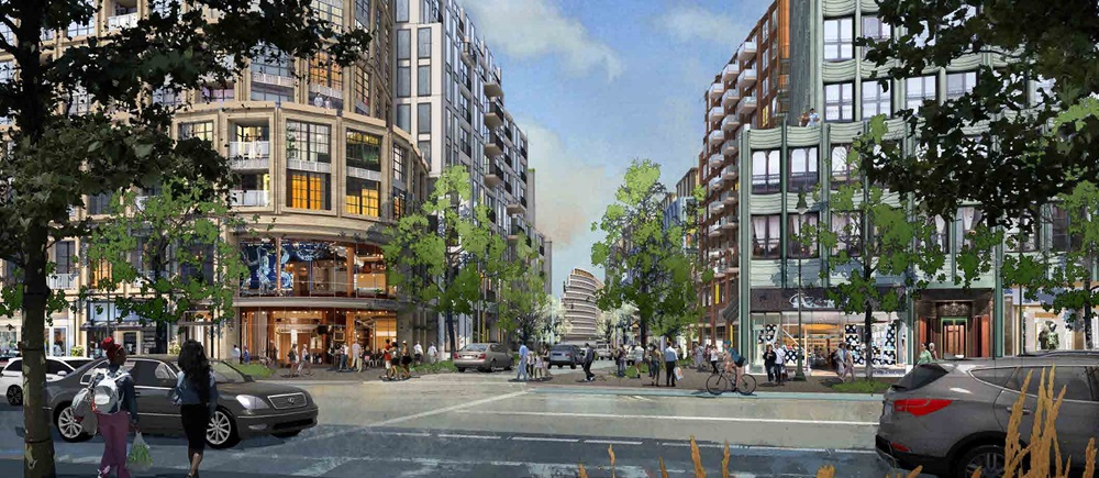 A rendering of a view looking north from Concord Ave to a new mixed-use street that would act as a gateway to the Alewife District. Credit: Healthpeak/Elkus Manfredi.