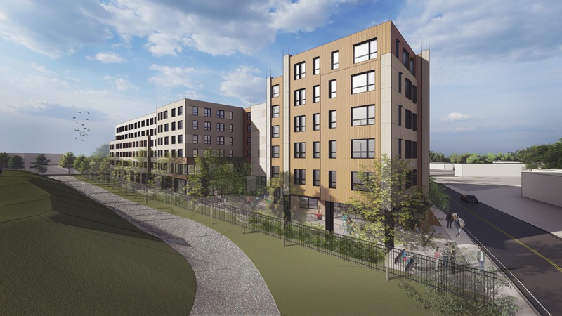 A rendering of a 106-unit affordable housing development and new retail space at 52 New Street.