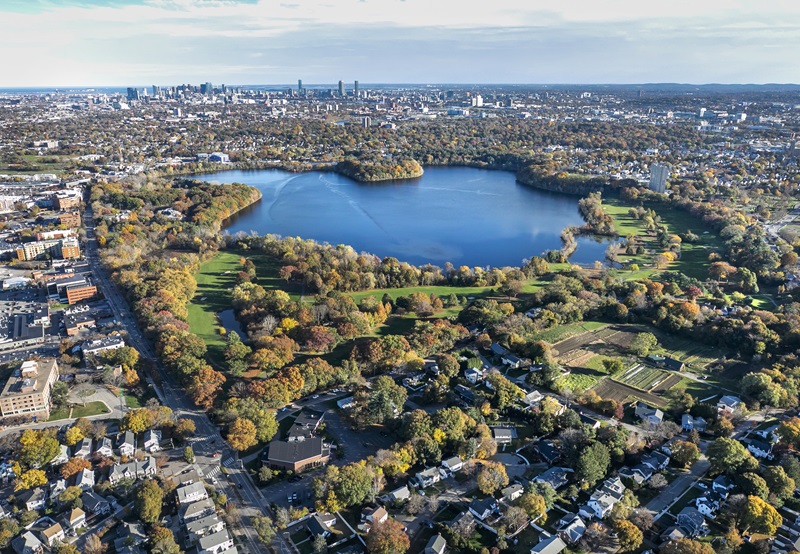 An aerial view of Fresh Pond Golf Course.