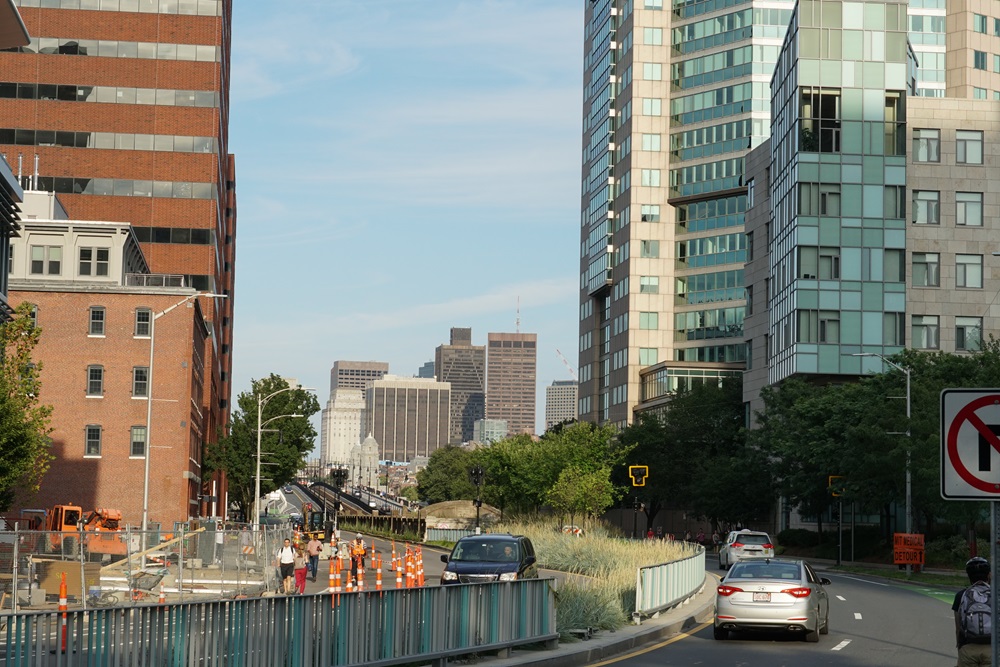 Urban street with modern buildings, cars on the roadway, landscaped pedestrian area, and construction cones along the street.