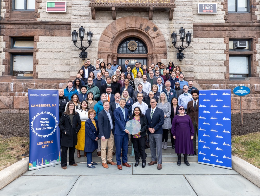 Cambridge City leaders and staff join together to celebrate being named a What Works Cities Platinum Certified City.