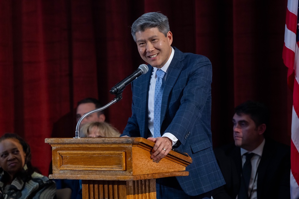 City Manager Yi-An Huang speaks at the opening of the new Tobin Montessori and Darby Vassall Upper Schools Complex.