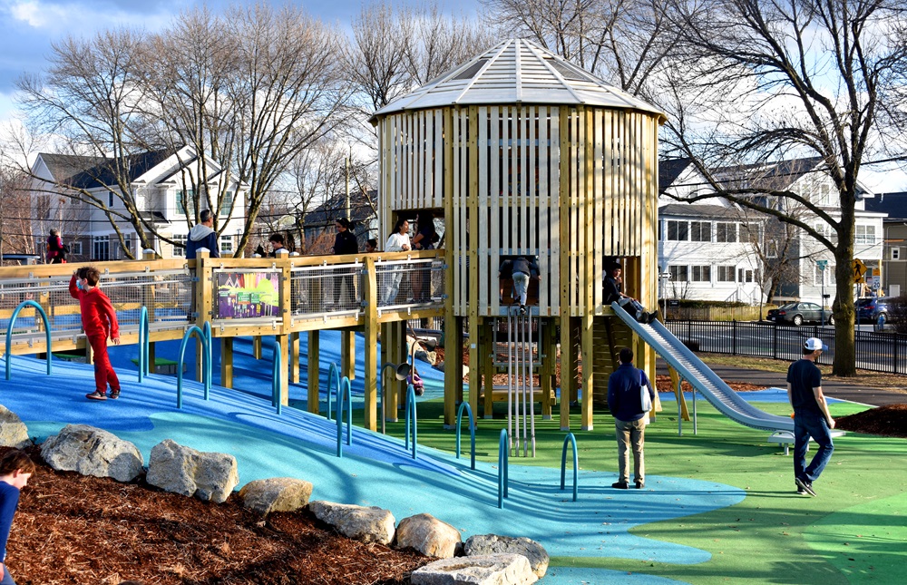 Cambridge's youngest residents enjoy climbing a play structure, inspired by Dominic Michael Killiany's artwork.