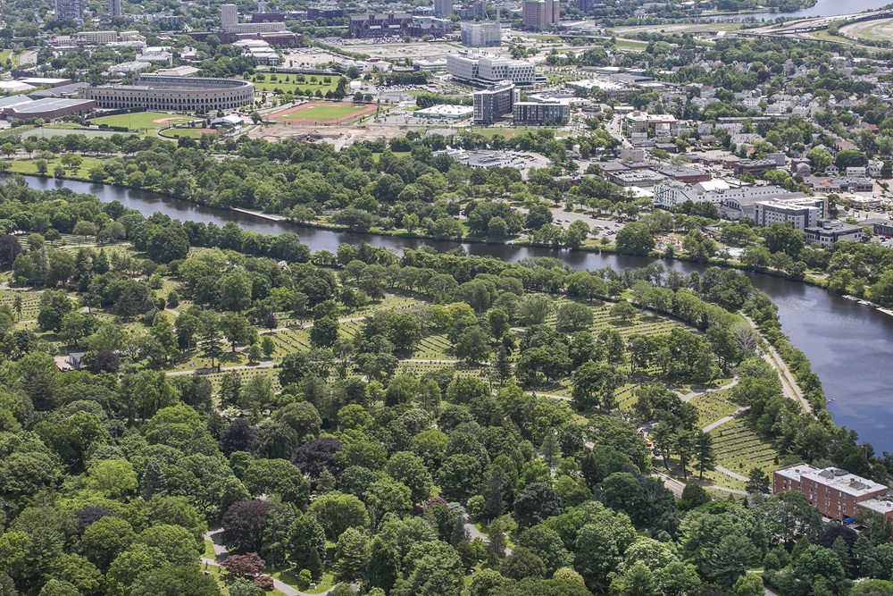 Cambridge Cemetery from above in the daytime.
