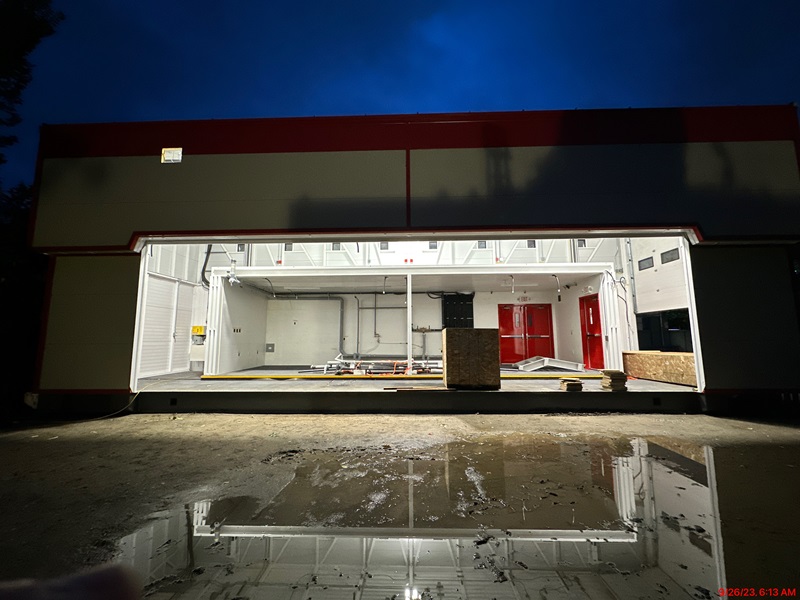 Temporary Fire Station at night