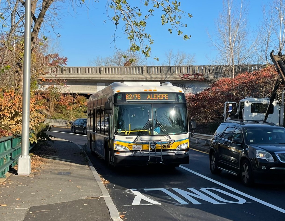 MBTA bus in dedicated bus lane on Route 2.