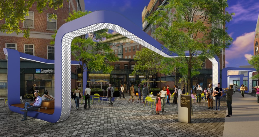 Artist's rendering of Carl Barron Plaza featuring a distinctive blue and white ribbon structure with seating and greenery, located in Cambridge. People are casually walking and sitting, enjoying the outdoor setting.