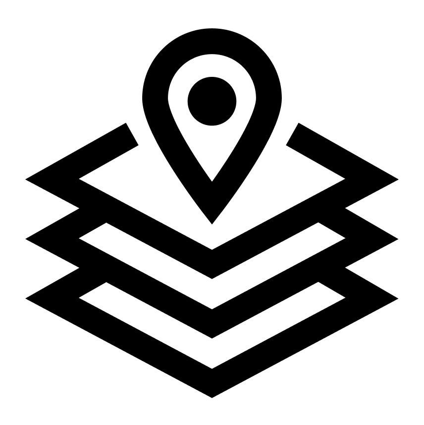 Icon of a location pin on top of three layers of stacked square planes.