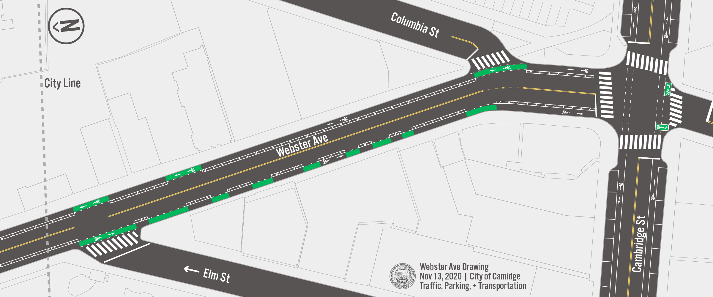 A plan view drawing showing the pavement markings that will be installed on Webster Ave.