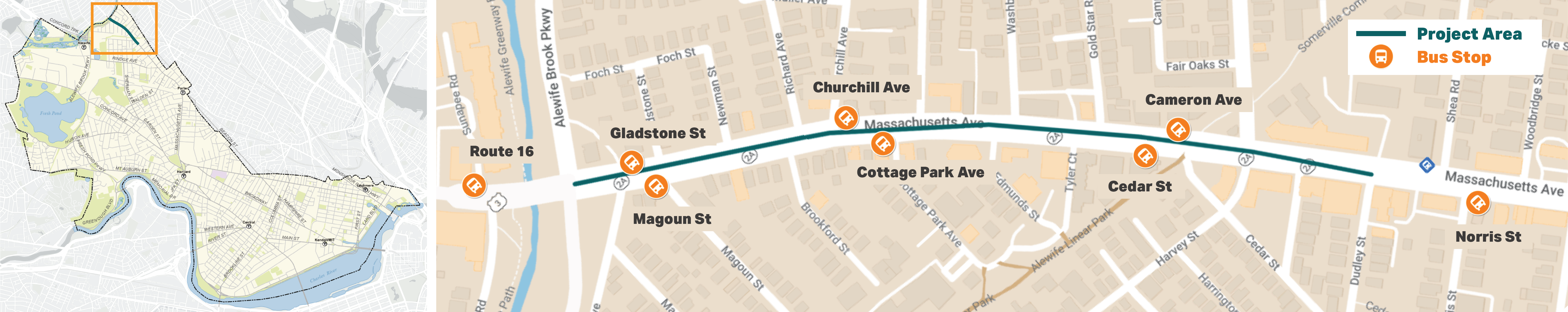 Two maps show where North Mass Ave is located on the Cambridge City map; a smaller detail map shows the stretch between Route 16 and Norris street discussed in the analysis.
