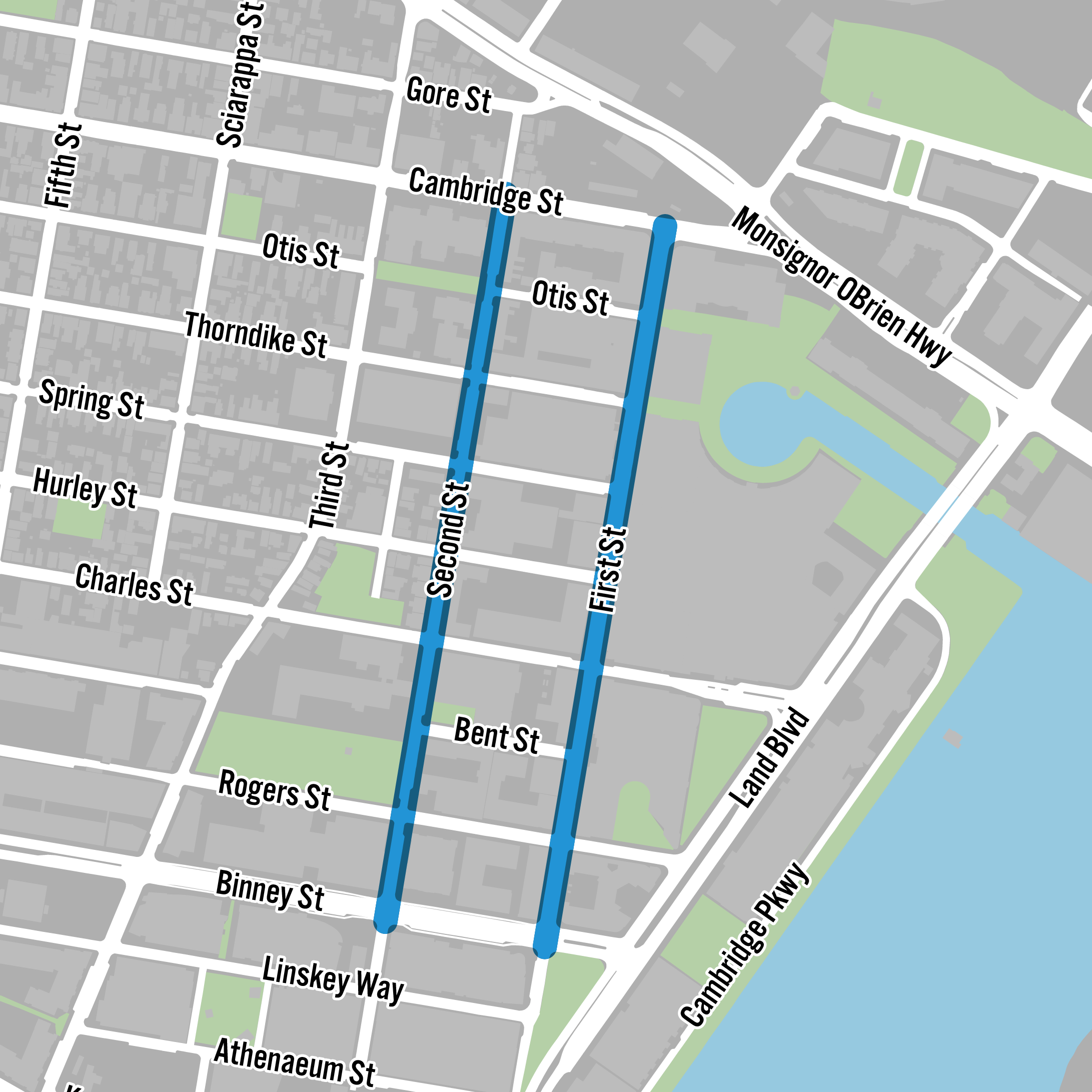 A map of the area around the First Street corridor with First Street and Second Street between Cambridge Street and Binney Street highlighted.