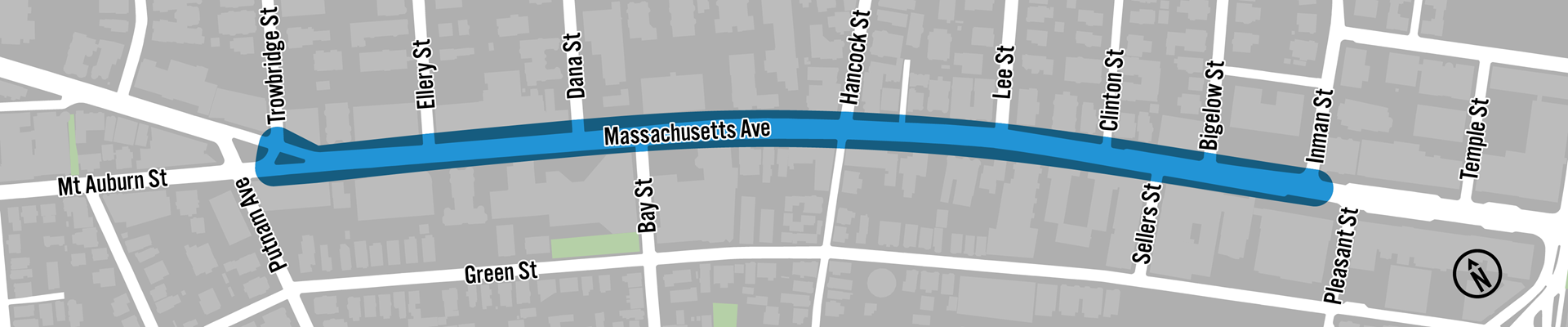 A map showing the streets around the project area. The Project Area, Mass Ave between Trowbridge St and Inman St is highlighted.